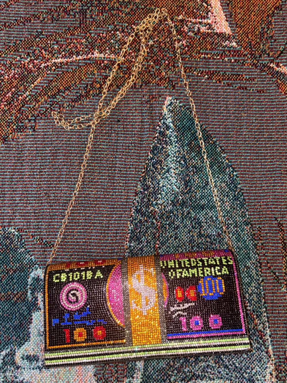 Beaded Novelty Money Clutch in Black and Gold